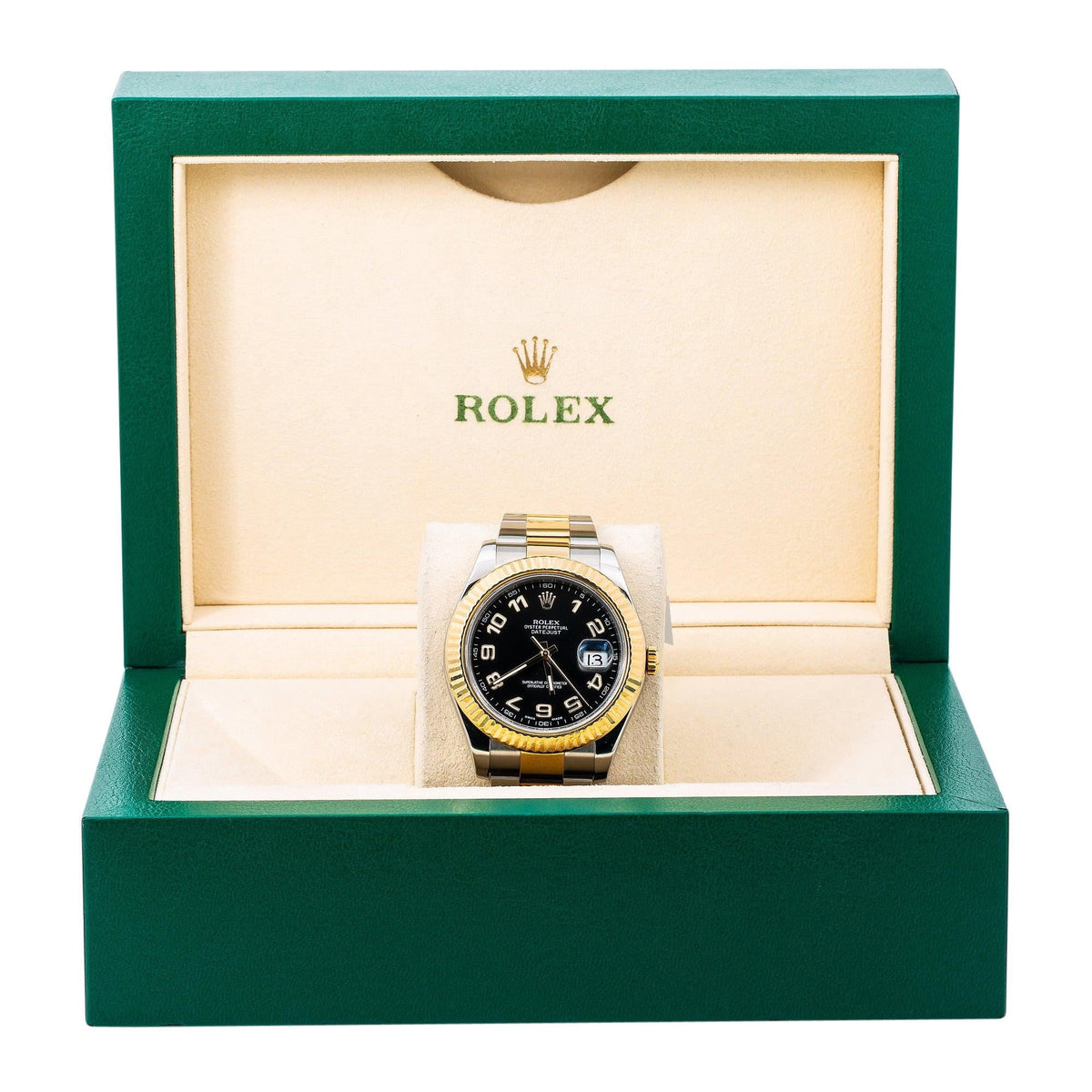 Pre-Owned Rolex Datejust 41MM 116333 Black Arabic Dial Fluted Bezel Two Tone Yellow Gold Oyster Bracelet