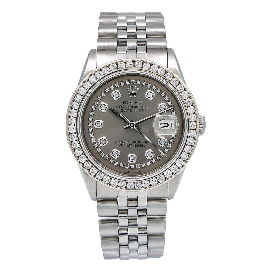 Pre-Owned Rolex Datejust 36MM 1601 Gray Diamond Dial Diamond Bezel Stainless Steel Jubilee Bracelet