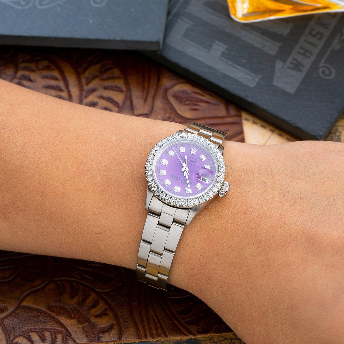 Pre-Owned Rolex Datejust 26MM 6916 Purple Diamond Dial Diamond Bezel Stainless Steel Oyster Bracelet