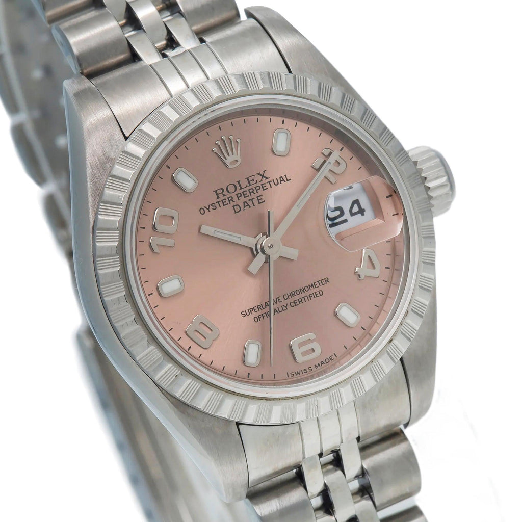 Pre-Owned Rolex Date 26MM 79240 Everose Arabic Dial Engine Turned Bezel Stainless Steel Jubilee Bracelet