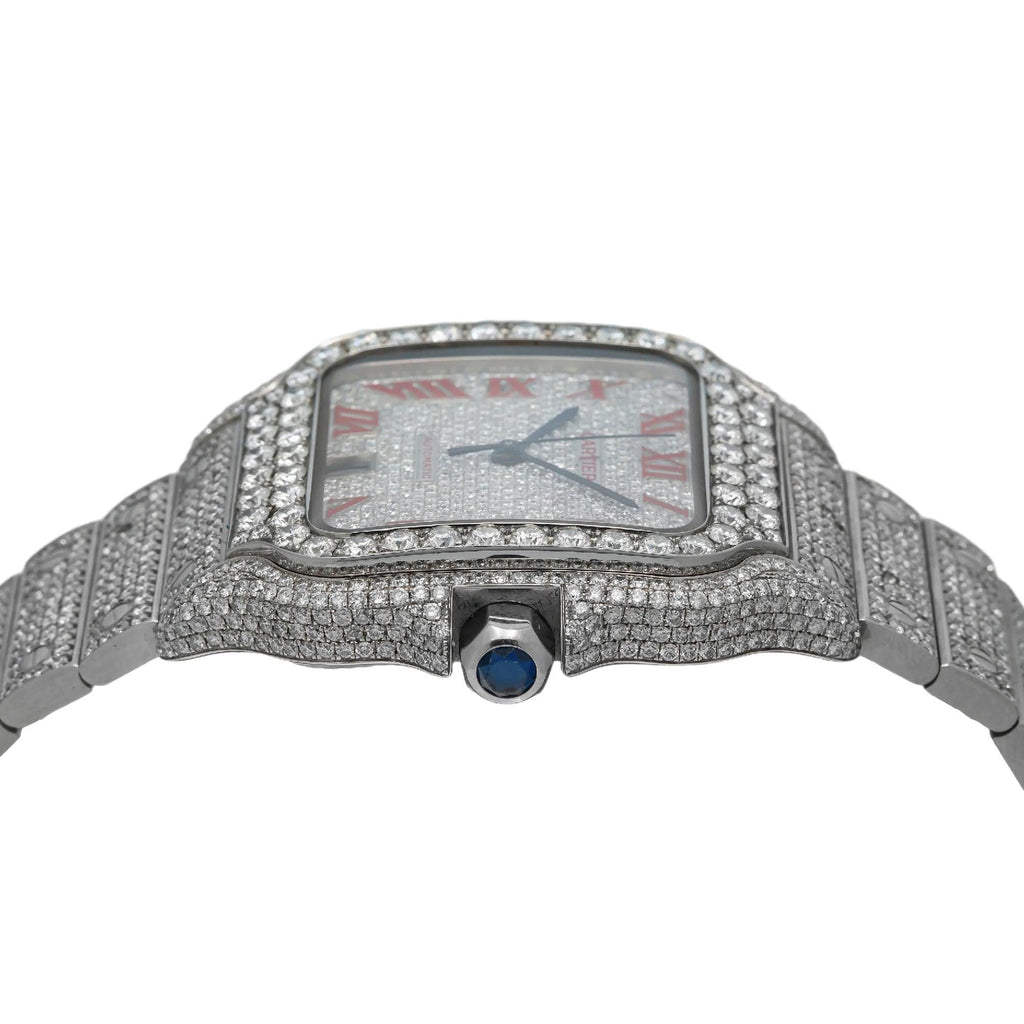 Pre-Owned Cartier Santos 35.1MM WSSA0029 Diamond Paved Roman Dial Diamond Bezel Stainless Steel Full Diamond Bracelet