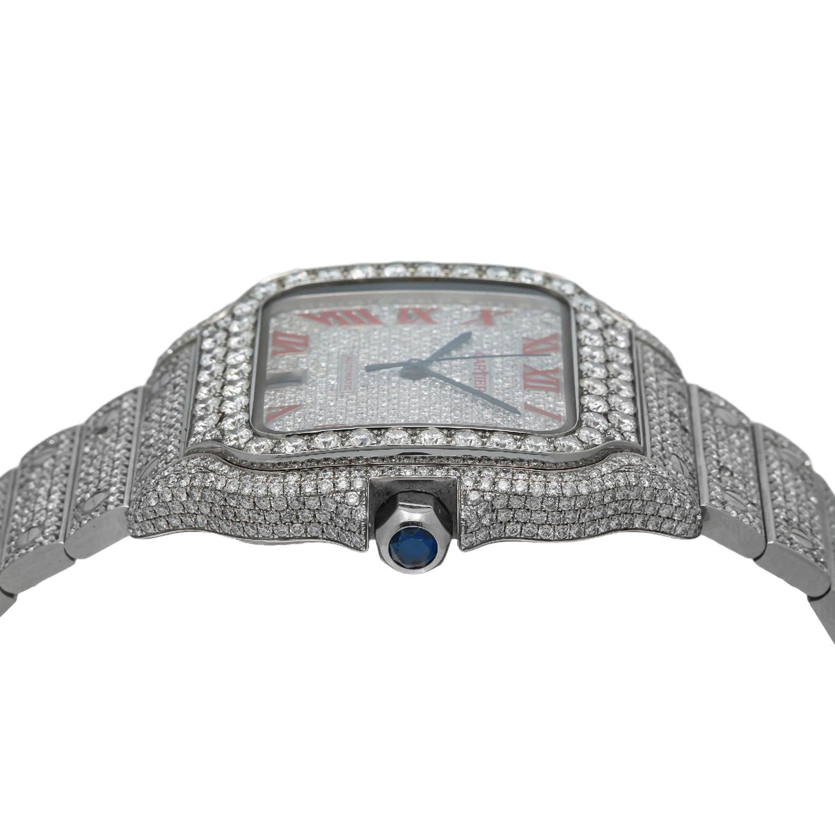 Pre-Owned Cartier Santos 35.1MM WSSA0029 Diamond Paved Roman Dial Diamond Bezel Stainless Steel Full Diamond Bracelet