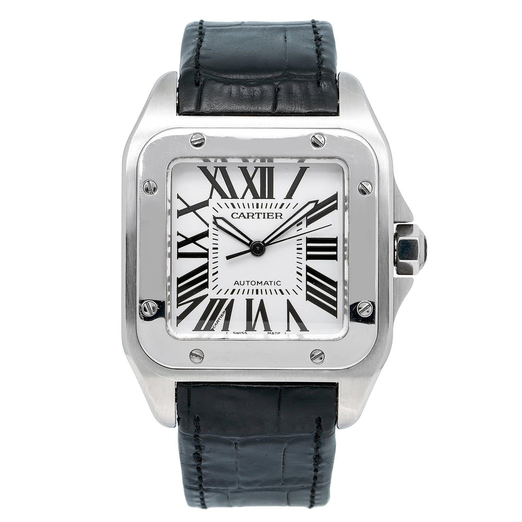 Pre-Owned Cartier Santos 100 38MM 2656 Silver Roman Dial Black Leather Strap