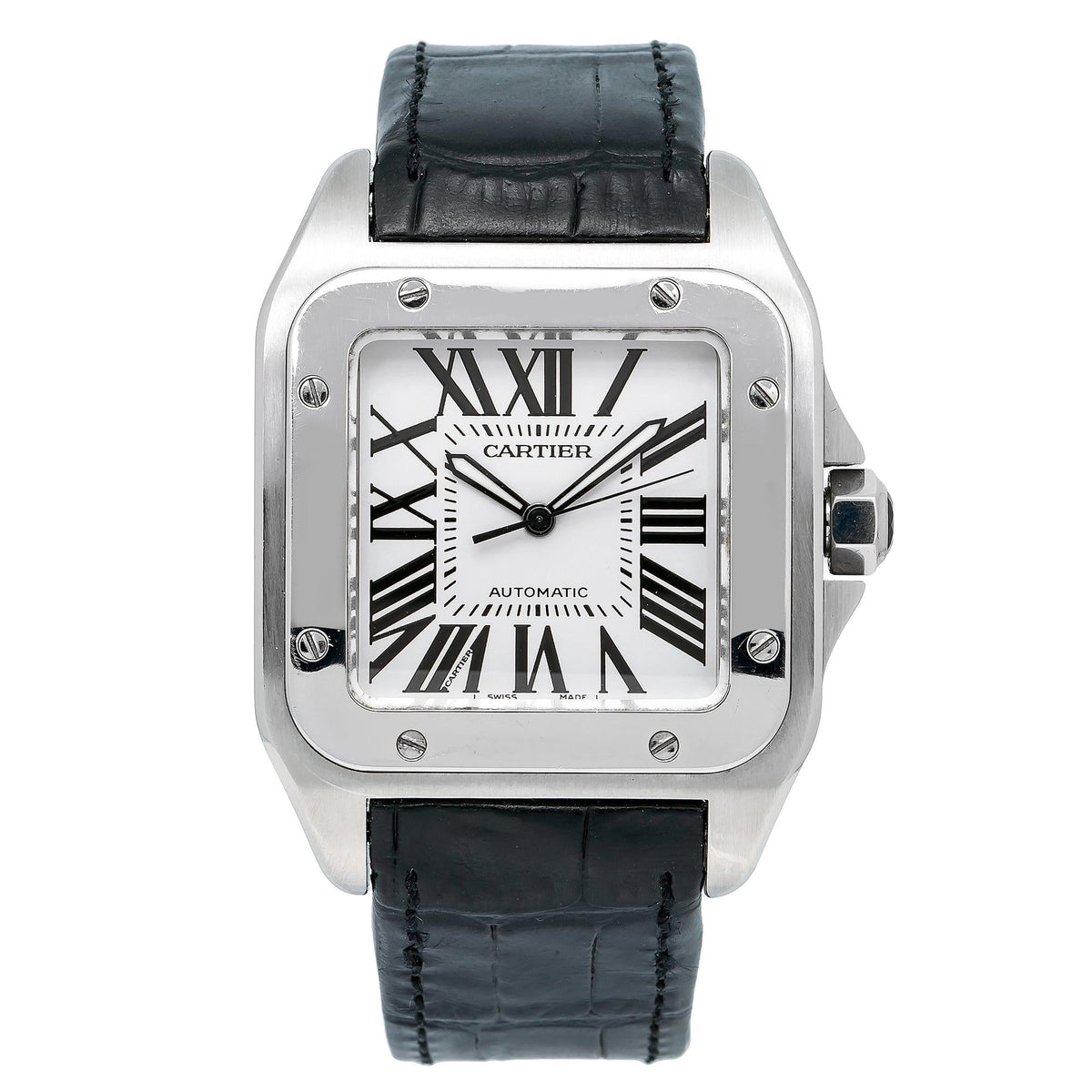 Pre-Owned Cartier Santos 100 38MM 2656 Silver Roman Dial Black Leather Strap