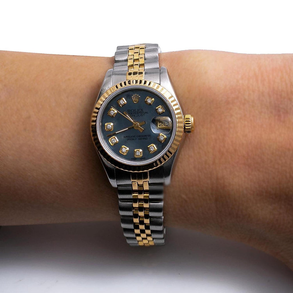 Pre-Owned Rolex Datejust 26MM 69173 Blue Mother of Pearl Diamond Dial Fluted Bezel Two Tone Yellow Gold Jubilee Bracelet