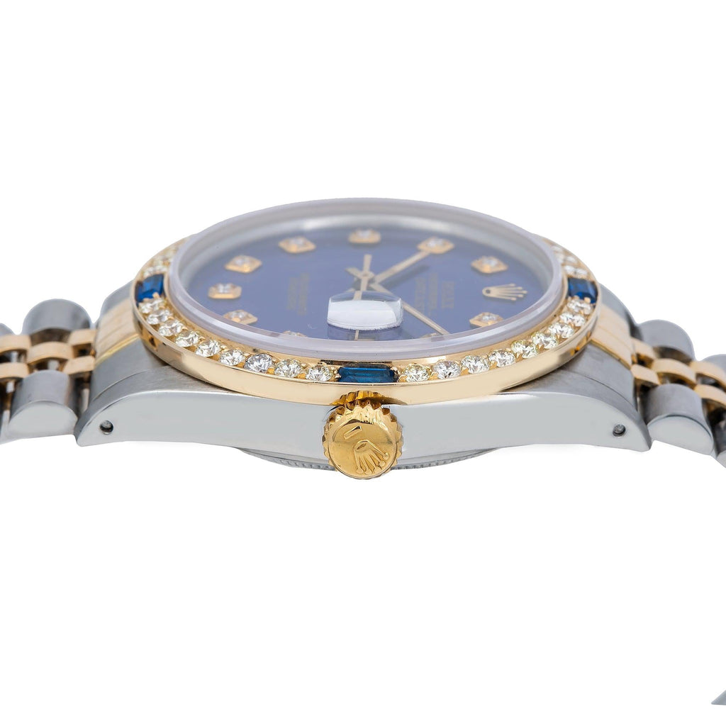 Pre-Owned Rolex Datejust 36MM 16013 Blue Diamond Dial Diamond Bezel Two Tone Yellow Gold Jubilee Bracelet 2ct
