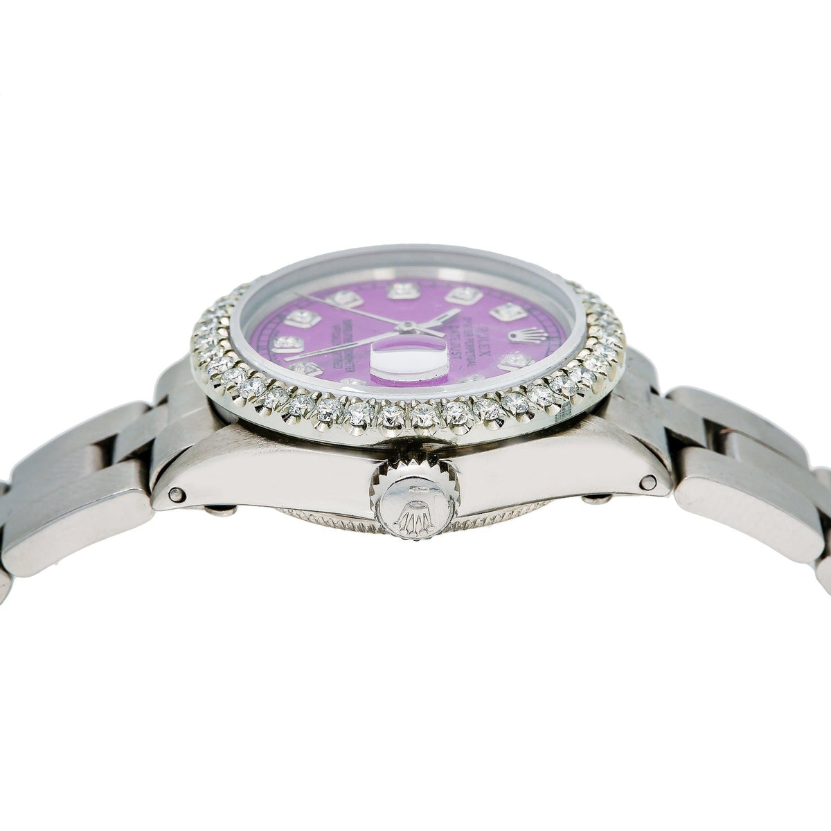 Pre-Owned Rolex Datejust 26MM 6916 Purple Diamond Dial Diamond Bezel Stainless Steel Oyster Bracelet