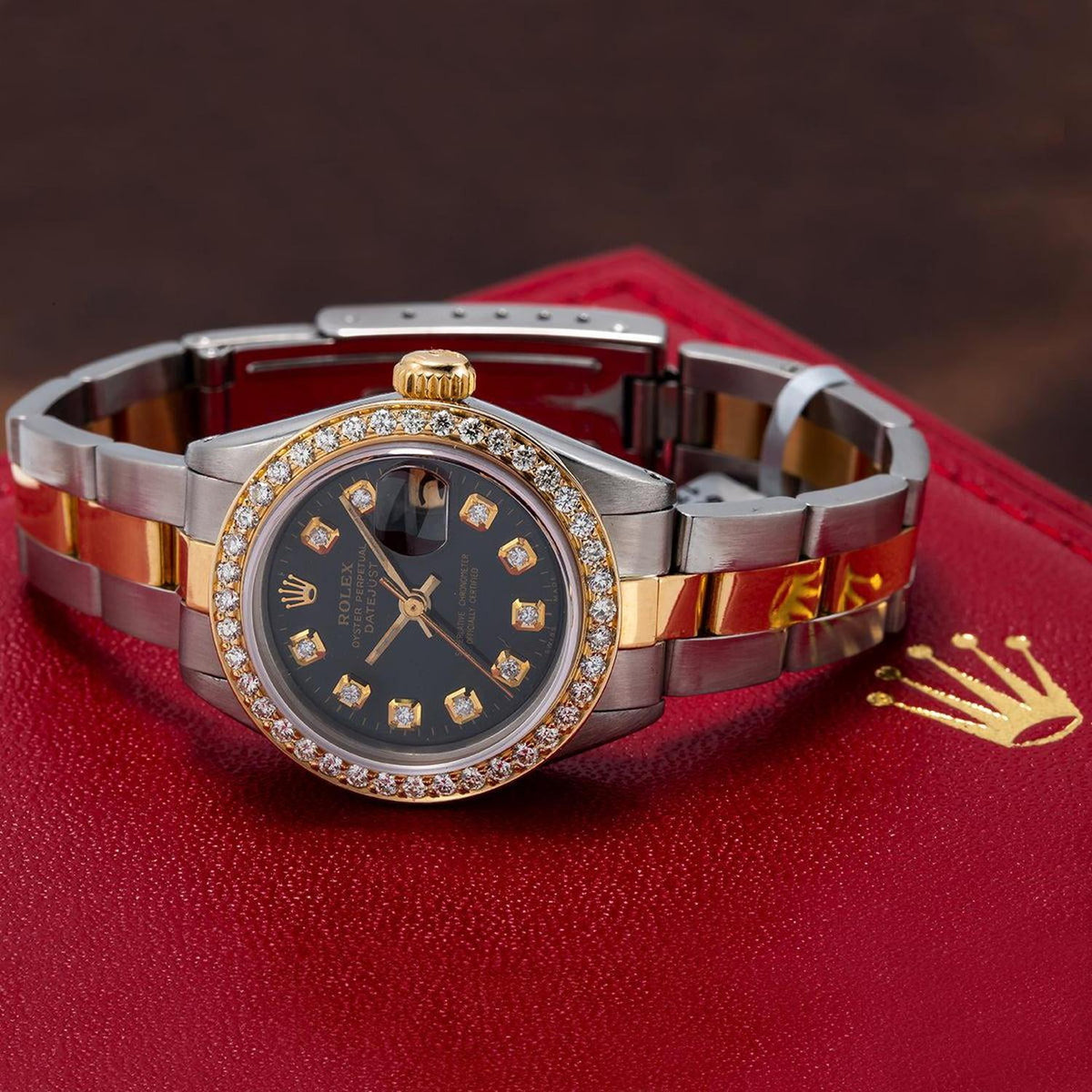 Pre-Owned Rolex Datejust 26MM 69173 Black Diamond Dial Diamond Bezel Two Tone Yellow Gold Oyster Bracelet 0.9ct