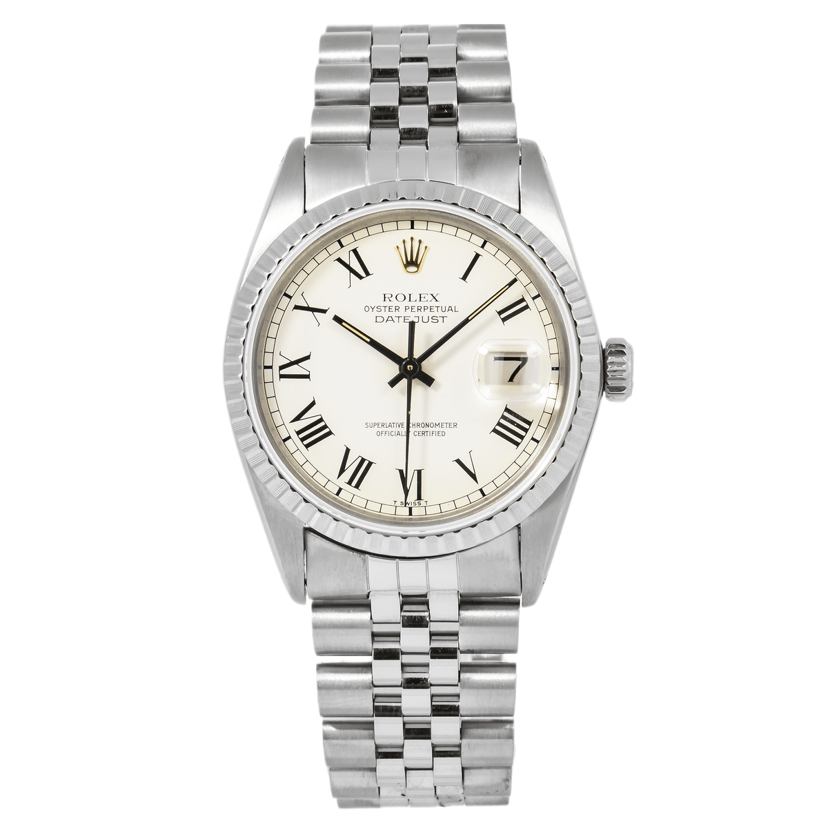 Pre-Owned Rolex Datejust 36MM 1603 White Roman Dial Engine Turned Bezel Stainless Steel Jubilee Bracelet