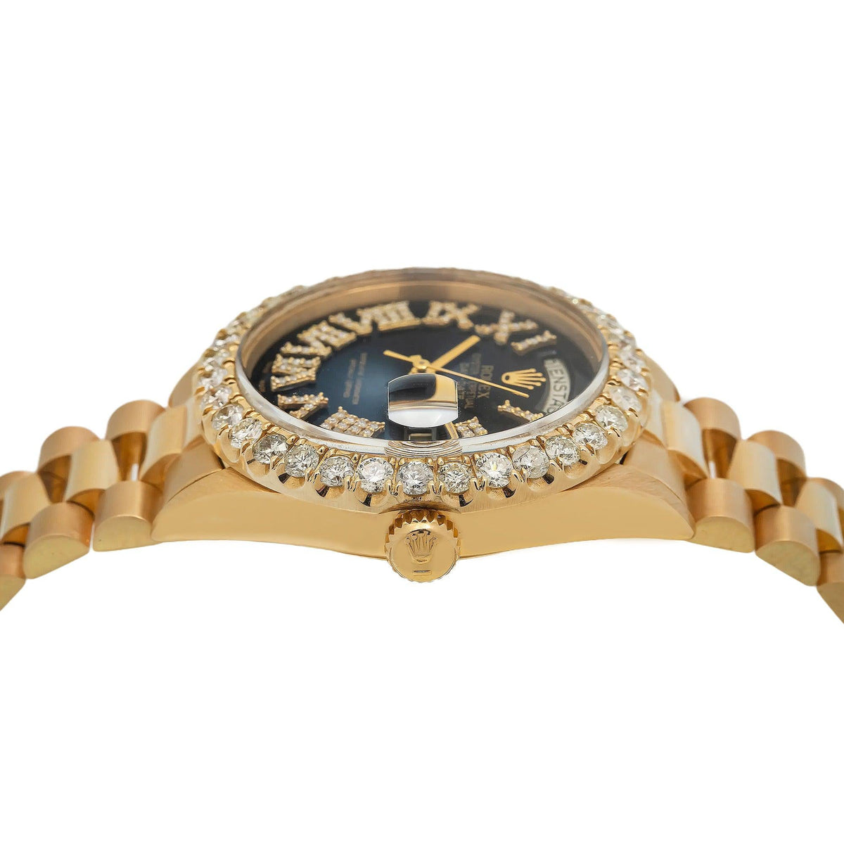 Pre-Owned Rolex Day-Date 36MM 1803 Black Roman Diamond Dial Diamond Bezel 18K Yellow Gold President Bracelet