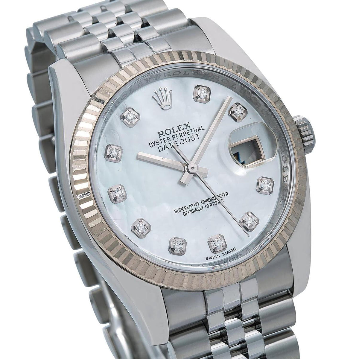 Pre-Owned Rolex Datejust 36MM 116234 White Mother of Pearl Diamond Dial Fluted Bezel Stainless Steel Jubilee Bracelet