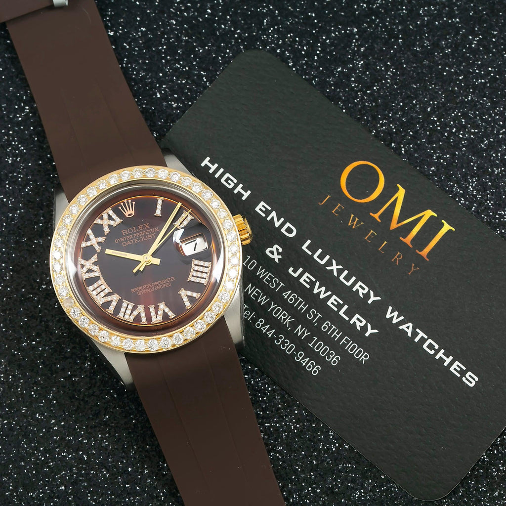Pre-Owned Rolex Datejust 36MM 1601 Chocolate Roman Diamond Dial Diamond Bezel Brown Rubber Strap