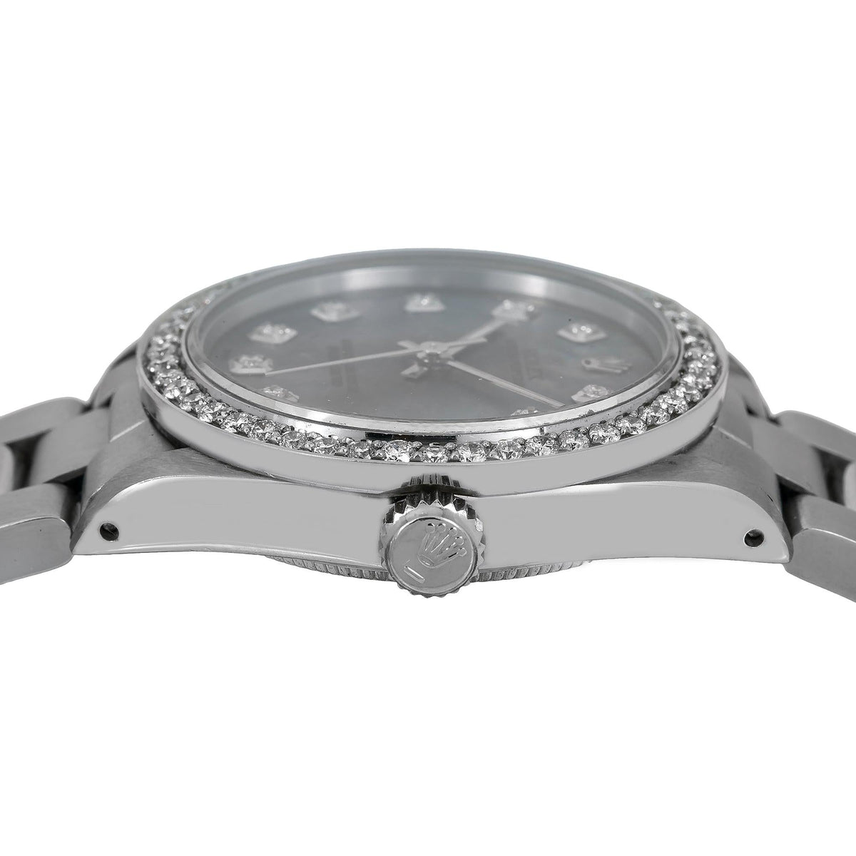 Pre-Owned Rolex Oyster Perpetual 31MM 67480 Blue Mother of Pearl Diamond Dial Diamond Bezel Stainless Steel Oyster Bracelet 1.05ct