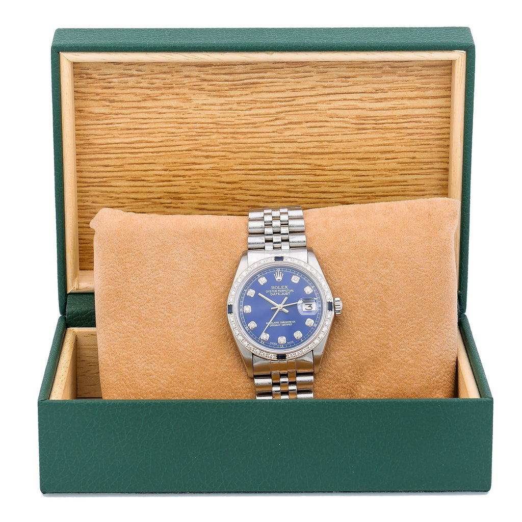 Pre-Owned Rolex Datejust 1603 36mm Blue Diamond Dial Stainless Steel Bracelet Watch (1.25 CT Aftermarket Diamonds)