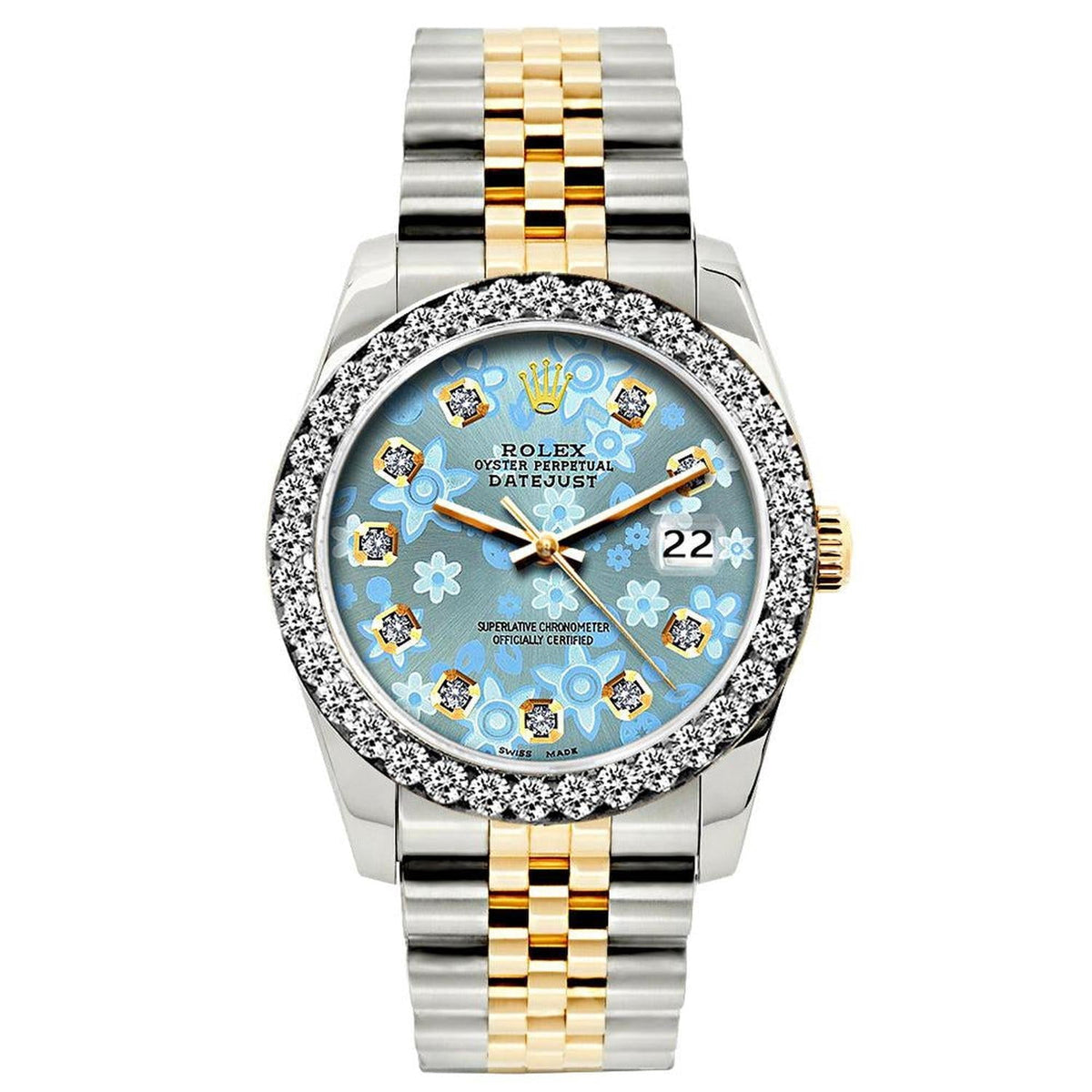 Pre-Owned Rolex Datejust 26MM 6917 Ice Blue Floral Diamond Dial Diamond Bezel Two Tone Yellow Gold Jubilee Bracelet 1.2ct