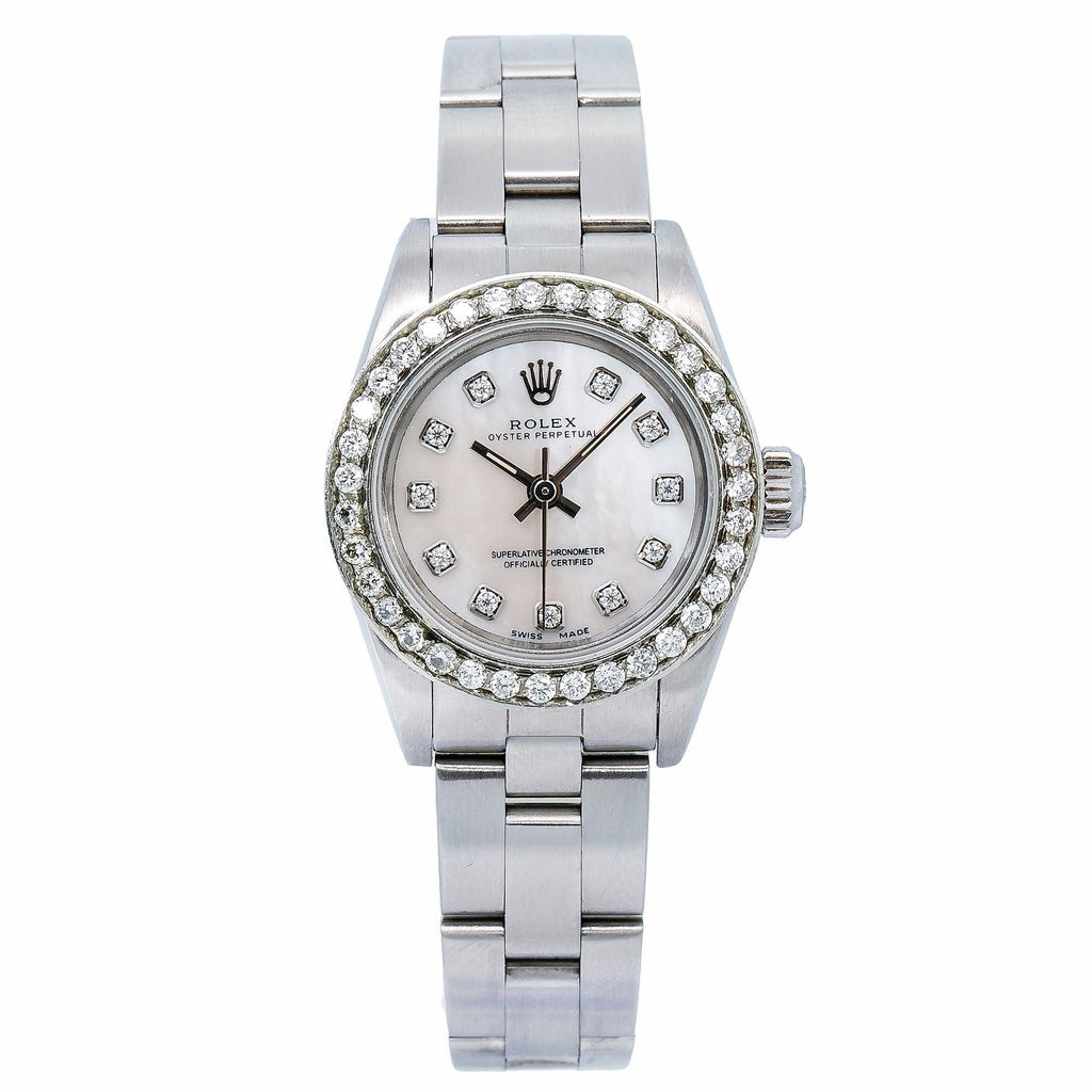 Pre-Owned Rolex Oyster Perpetual 26MM 76094 White Mother of Pearl Diamond Dial Diamond Bezel Stainless Steel Oyster Bracelet