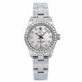 Pre-Owned Rolex Oyster Perpetual 26MM 76094 White Mother of Pearl Diamond Dial Diamond Bezel Stainless Steel Oyster Bracelet