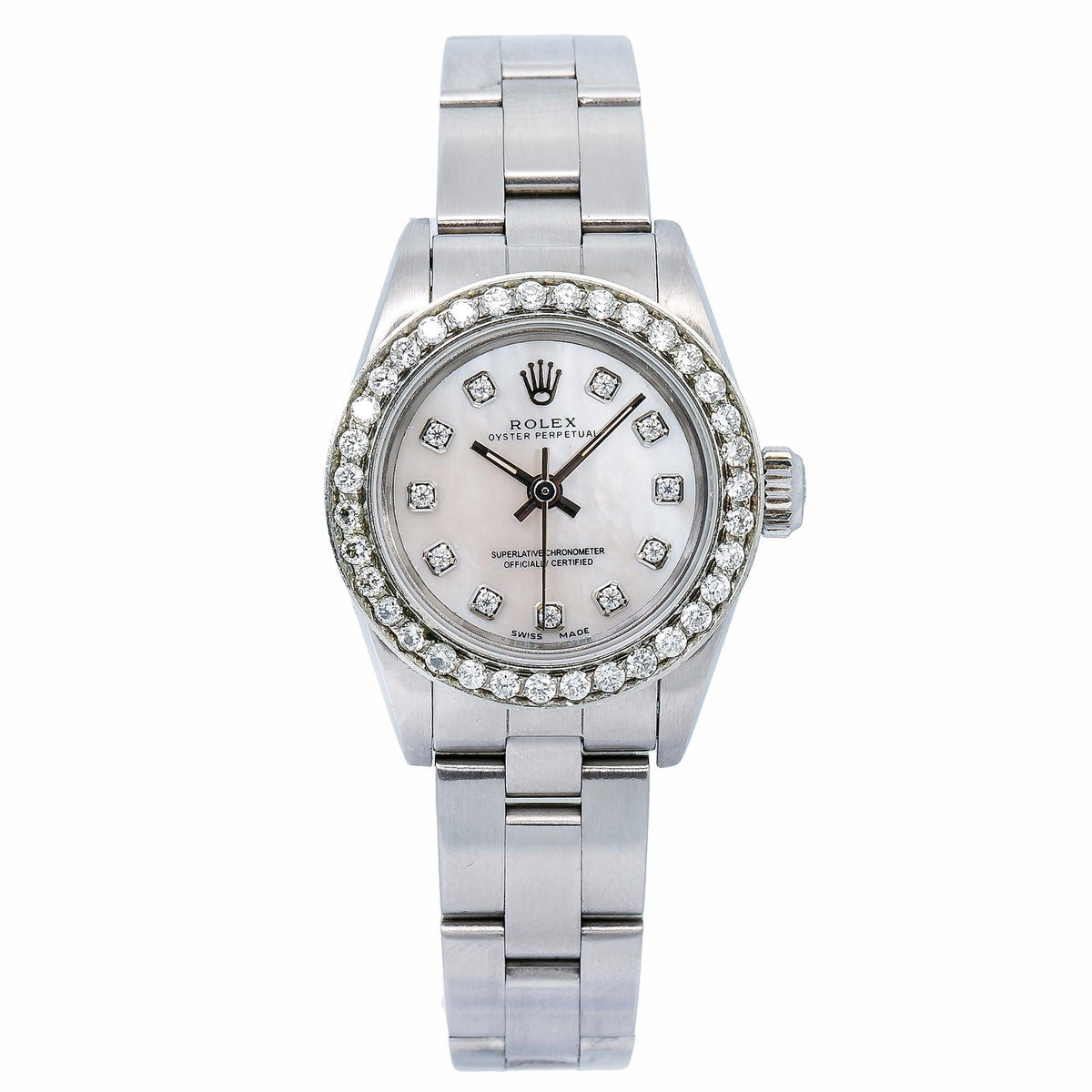 Pre-Owned Rolex Oyster Perpetual 26MM 76094 White Mother of Pearl Diamond Dial Diamond Bezel Stainless Steel Oyster Bracelet