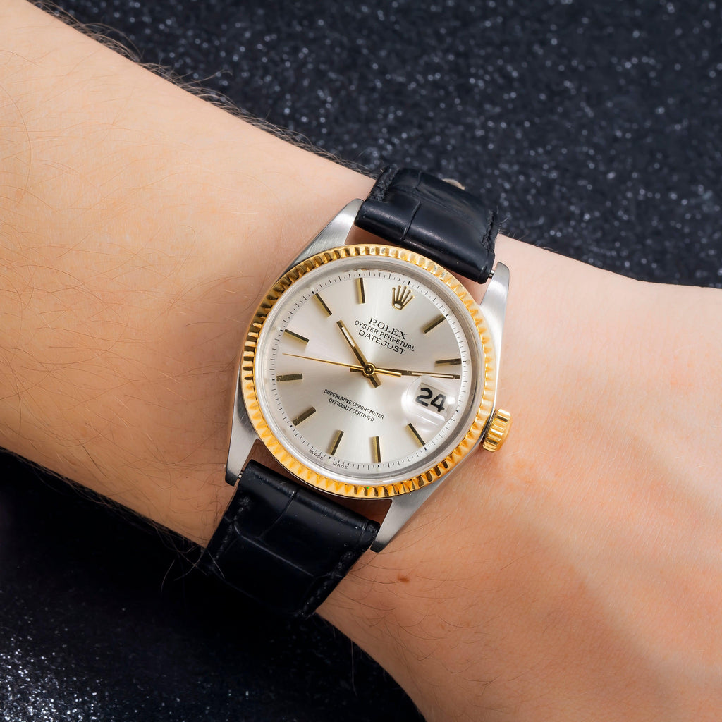 Pre-Owned Rolex Datejust 36MM 1601 Silver Dial Fluted Bezel Black Leather Strap