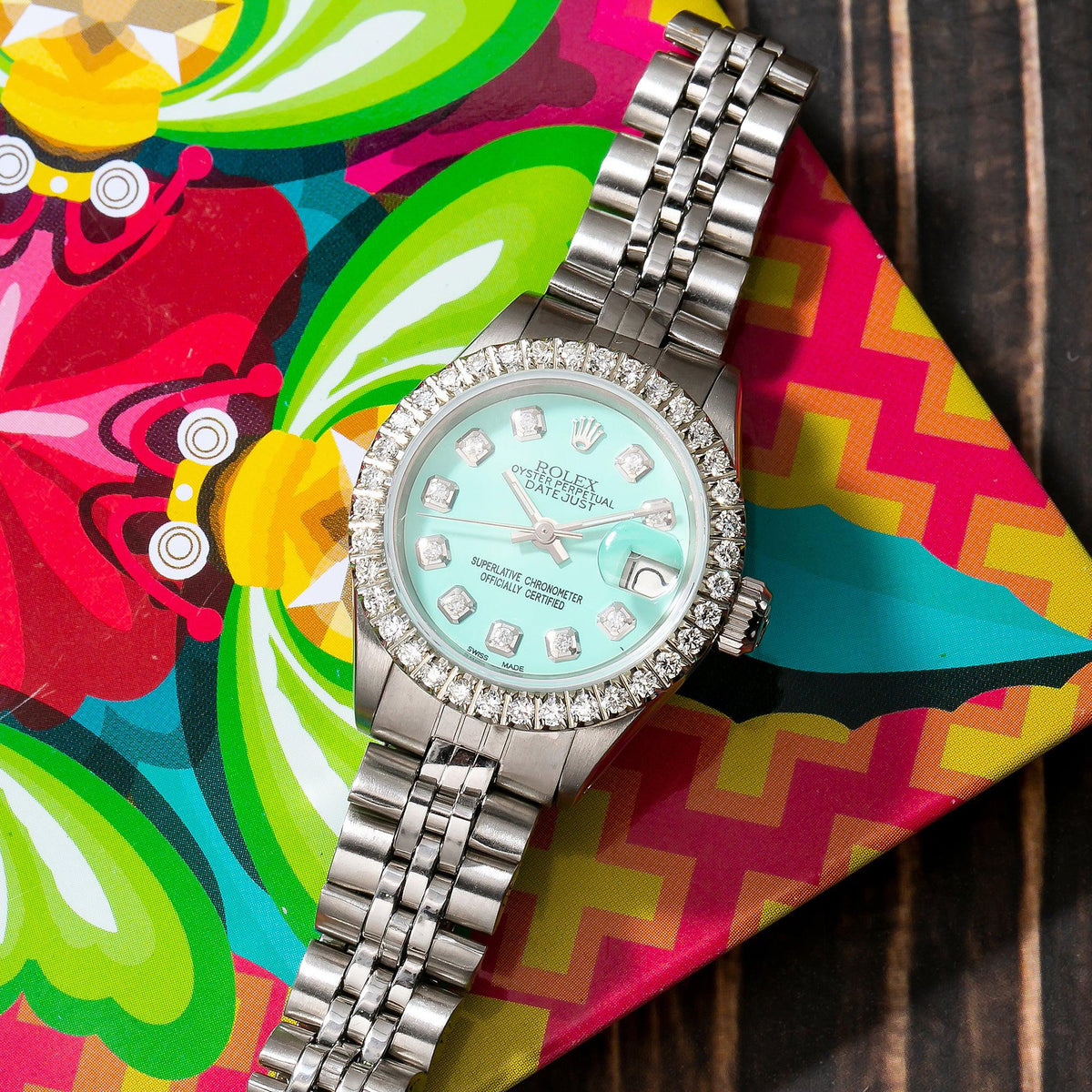 Pre-Owned Rolex Datejust 26MM 69174 Turquoise Diamond Dial Diamond Bezel Stainless Steel Jubilee Bracelet