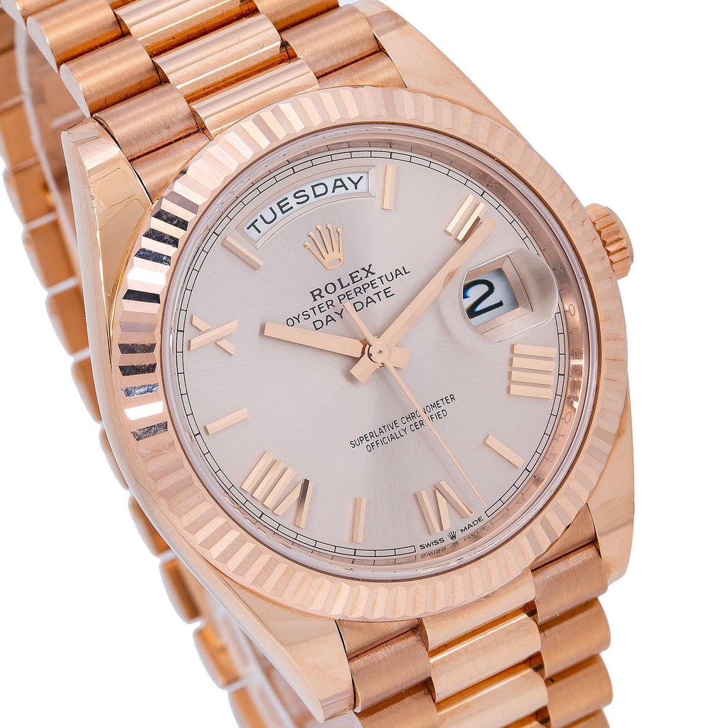 Pre-Owned Rolex Day-Date 40MM 228235 Sundust Roman Dial Fluted Bezel 18K Rose Gold President Bracelet