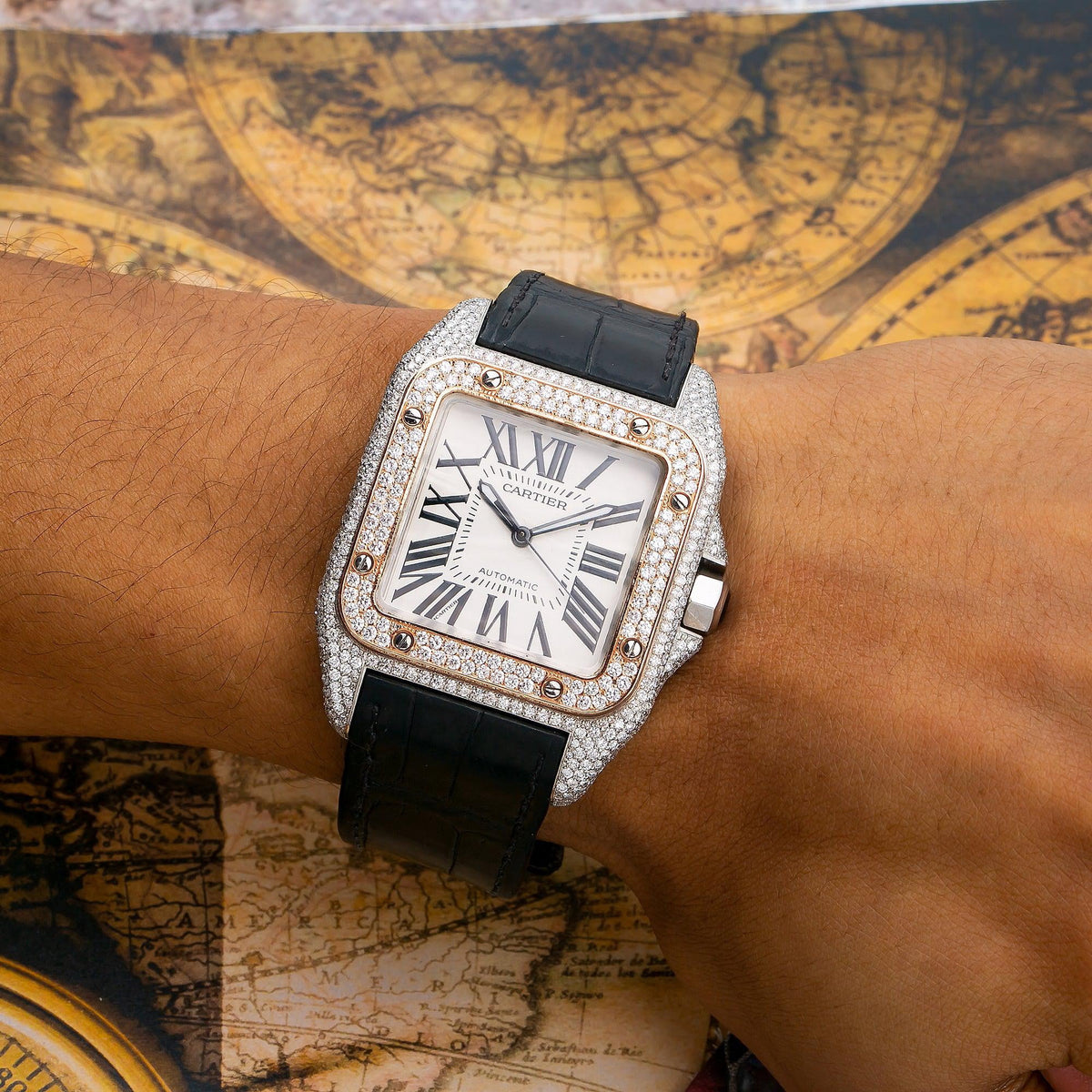 Pre-Owned Cartier Santos 100 38MM W20073X8 Silver Roman Dial Rose Gold Diamond Paved Bezel Black Leather Strap 9.25ct