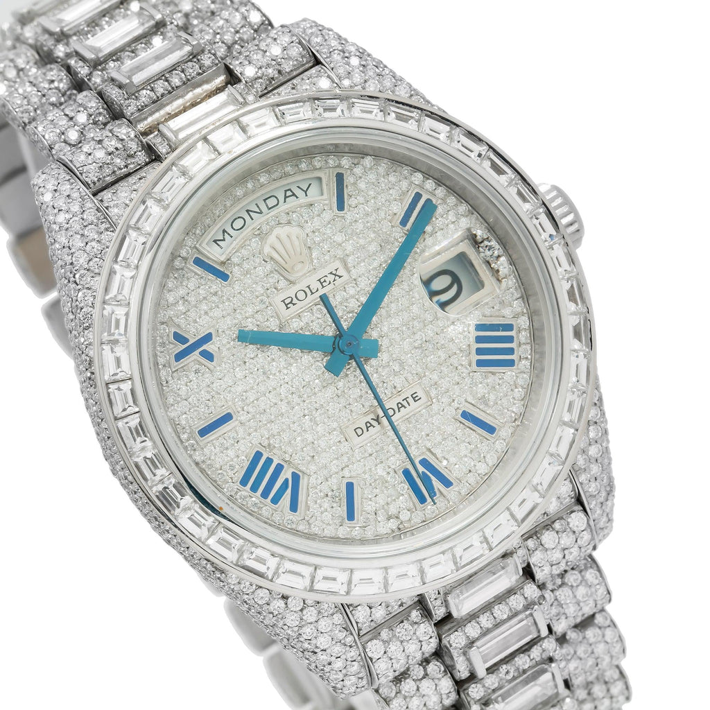 Pre-Owned Rolex Day-Date 40MM 228206 Diamond Paved Blue Roman Dial Diamond Bezel 18K White Gold Full Diamond President Bracelet