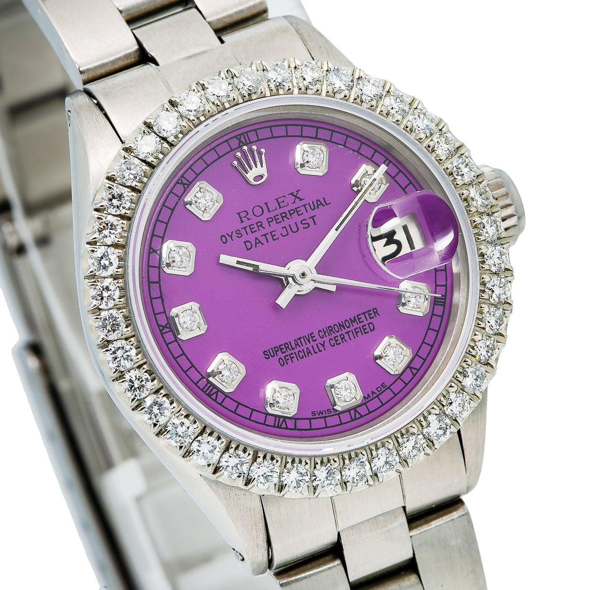 Pre-Owned Rolex Datejust 26MM 6916 Purple Diamond Dial Diamond Bezel Stainless Steel Oyster Bracelet