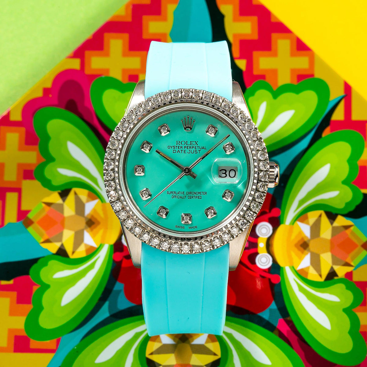 Pre-Owned Rolex Datejust 36MM 16014 Turquoise Diamond Dial Diamond Bezel Blue Rubber Strap