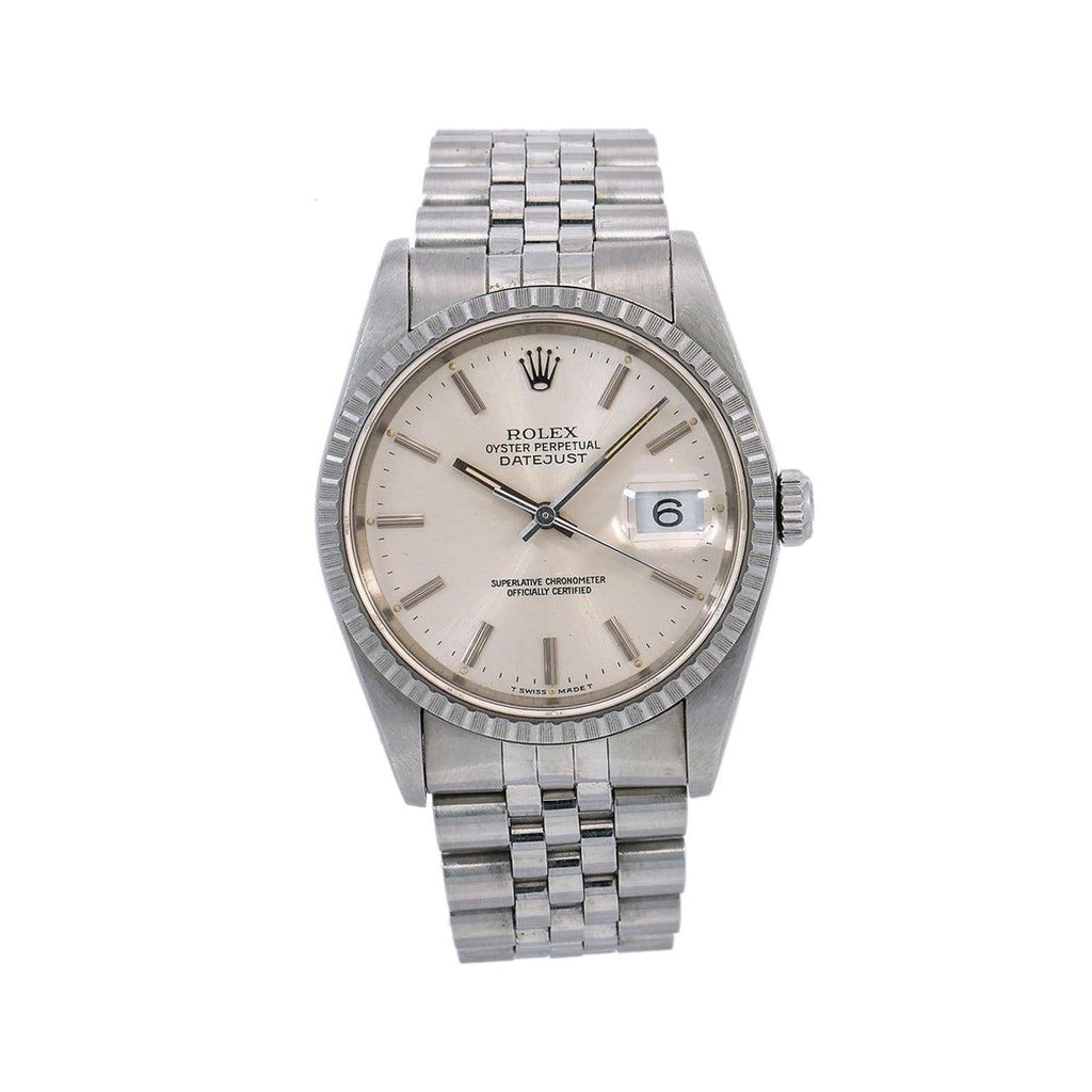 Pre-Owned Rolex Datejust 36MM 1603 Silver Dial Engine Turned Bezel Stainless Steel Jubilee Bracelet