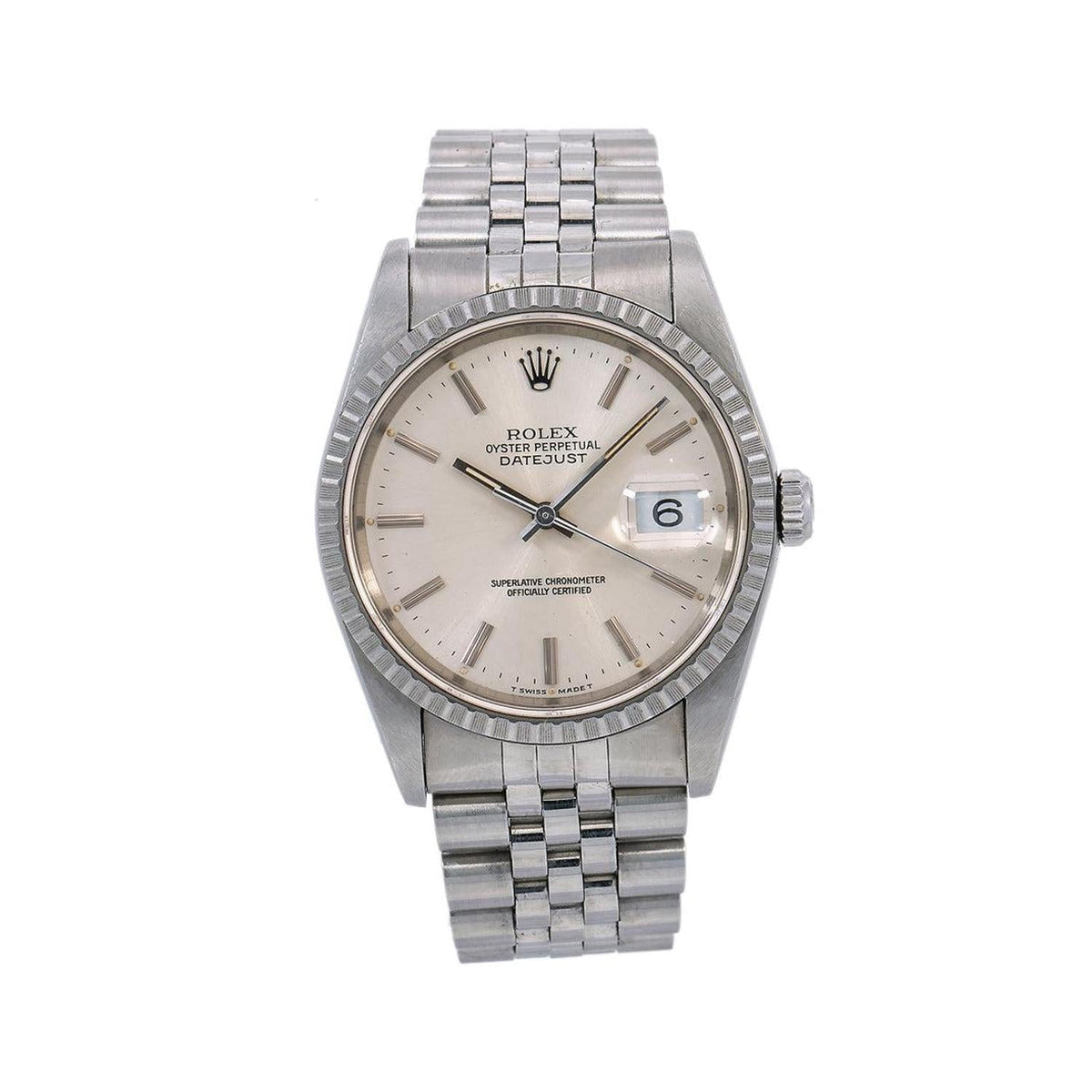 Pre-Owned Rolex Datejust 36MM 1603 Silver Dial Engine Turned Bezel Stainless Steel Jubilee Bracelet