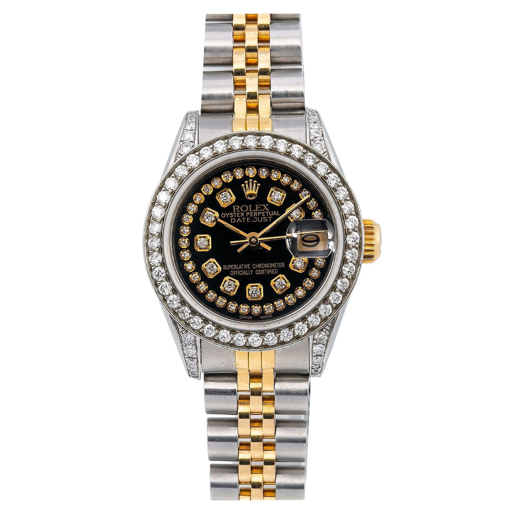 Pre-Owned Rolex Datejust 26MM 6917 Black Diamond Dial Diamond Bezel Two Tone Yellow Gold Jubilee Bracelet 1.2ct