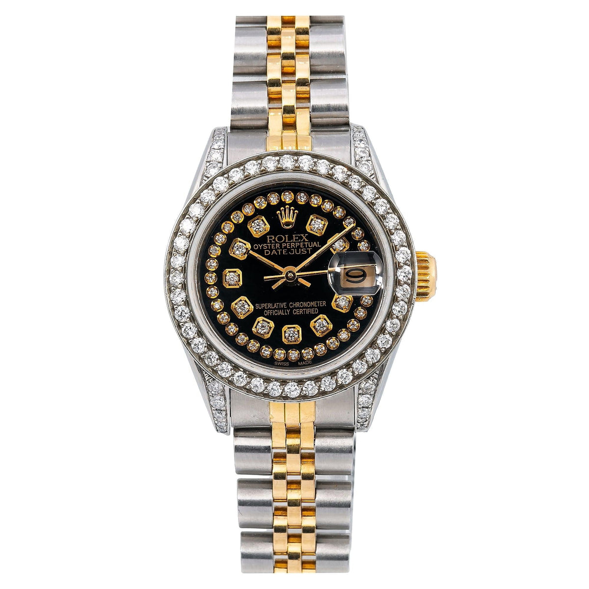 Pre-Owned Rolex Datejust 26MM 6917 Black Diamond Dial Diamond Bezel Two Tone Yellow Gold Jubilee Bracelet 1.2ct