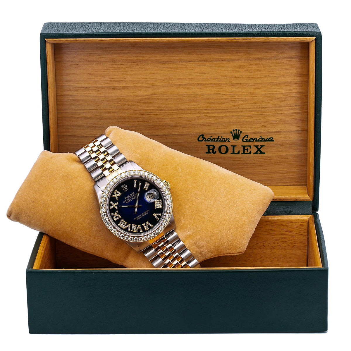 Pre-Owned Rolex Datejust 36MM 16233 Blue Roman Diamond Dial Diamond Bezel Two Tone Yellow Gold Jubilee Bracelet 1.35ct