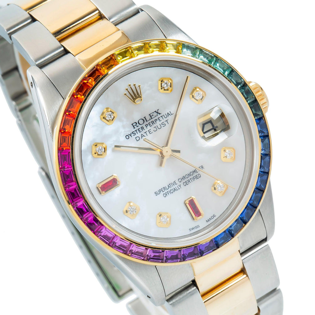 Pre-Owned Rolex Datejust 36MM 16013 Mother of Pearl Diamond Dial Rainbow Gemstone Bezel Two Tone Yellow Gold Oyster Bracelet