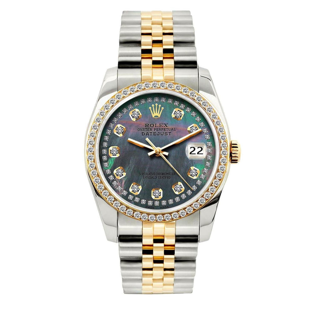Pre-Owned Rolex Datejust 36MM 16233 Black Mother of Pearl Diamond Dial Diamond Bezel Two Tone Yellow Gold Jubilee Bracelet 1.2ct