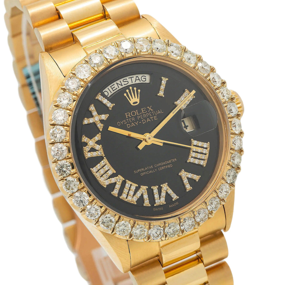Pre-Owned Rolex Day-Date 36MM 1803 Black Roman Diamond Dial Diamond Bezel 18K Yellow Gold President Bracelet