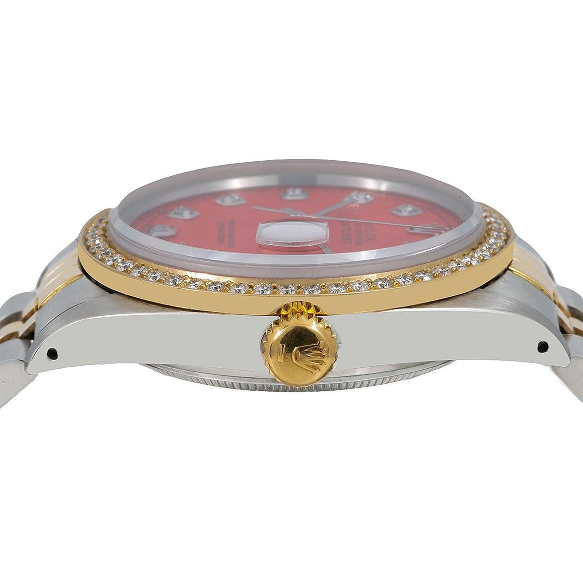 Pre-Owned Rolex Datejust 36MM 16013 Red Diamond Dial Diamond Bezel Two Tone Yellow Gold Jubilee Bracelet 1.2ct
