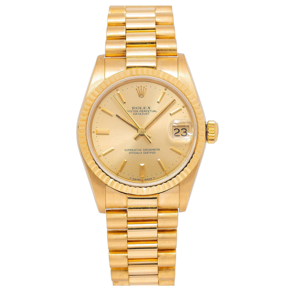 Pre-Owned Rolex Datejust 31MM 68278 Champagne Dial Fluted Bezel 18K Yellow Gold President Bracelet