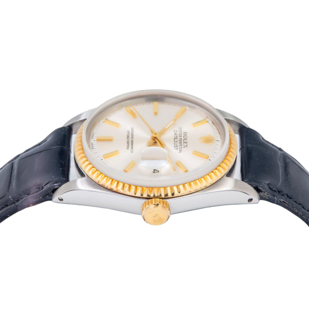 Pre-Owned Rolex Datejust 36MM 1601 Silver Dial Fluted Bezel Black Leather Strap