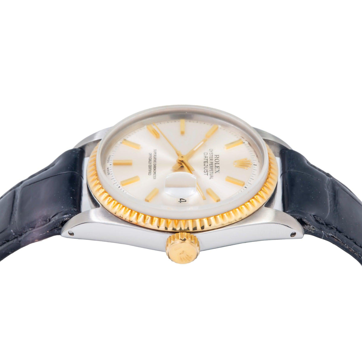 Pre-Owned Rolex Datejust 36MM 1601 Silver Dial Fluted Bezel Black Leather Strap