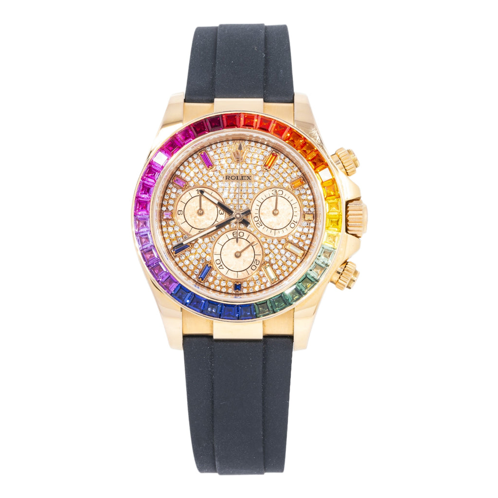 Pre-Owned Rolex Cosmograph Daytona 40MM 116515LN Diamond Paved Rainbow Hour Dial Rainbow Gemstone Bezel Black Oysterflex Strap