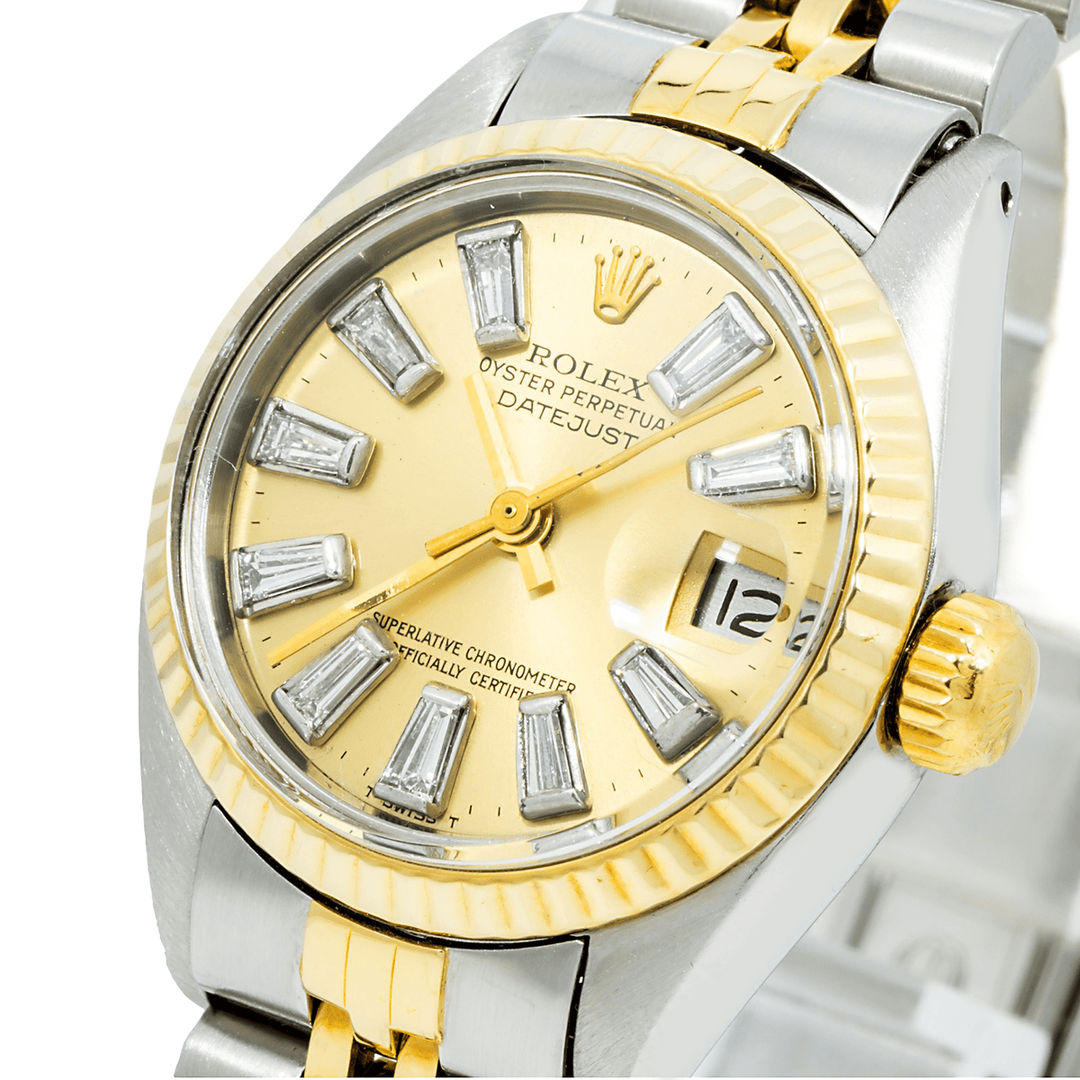 Pre-Owned Rolex Datejust 26MM 69173 Champagne Baguette Diamond Dial Fluted Bezel Two Tone Yellow Gold Jubilee Bracelet 0.5ct