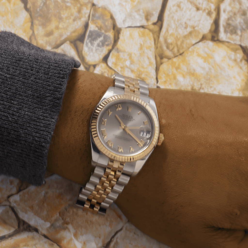 Pre-Owned Rolex Datejust 31MM 178271 Silver Roman Dial Fluted Bezel Two Tone Rose Gold Jubilee Bracelet