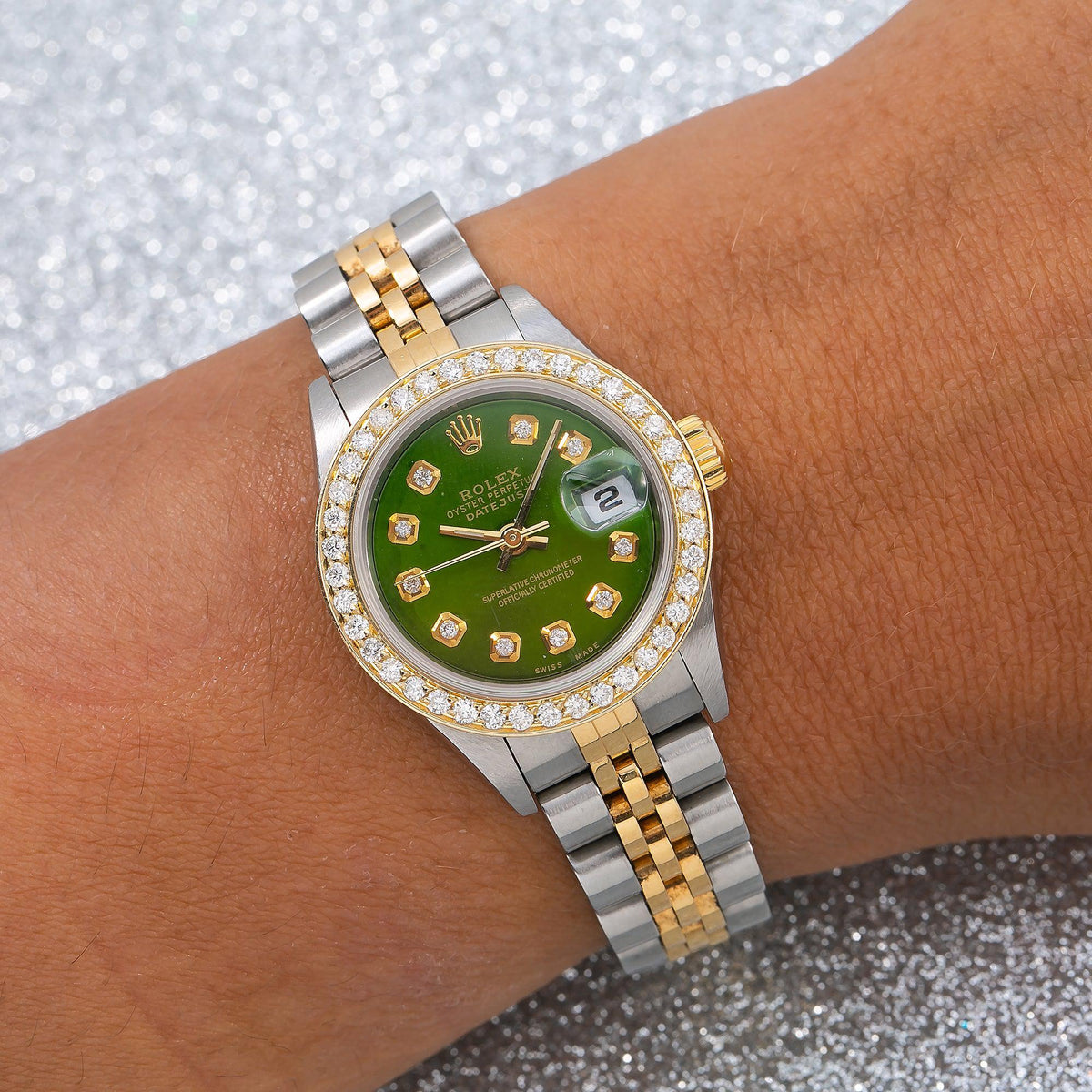 Pre-Owned Rolex Datejust 26MM 69173 Green Diamond Dial Diamond Bezel Two Tone Yellow Gold Jubilee Bracelet