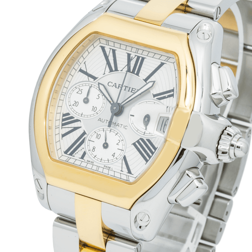 Pre-Owned Cartier Roadster XL 43MM W62027Z1 Silver Roman Dial Yellow Gold Bezel Two Tone Yellow Gold Bracelet