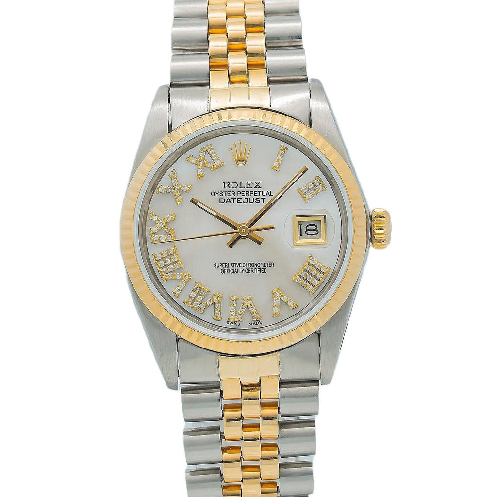 Pre-Owned Rolex Datejust 31MM 6824 Mother of Pearl Roman Diamond Dial Fluted Bezel Two Tone Yellow Gold Jubilee Bracelet