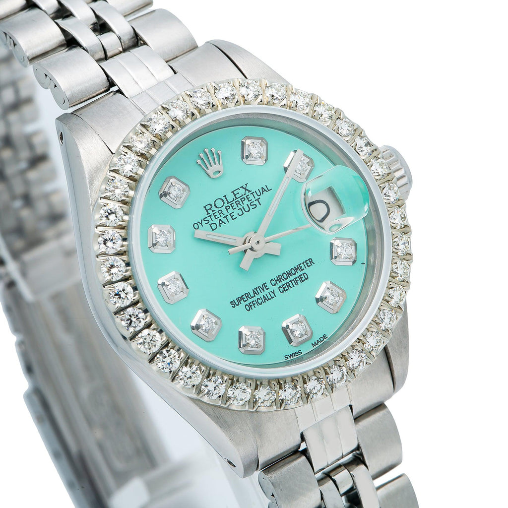 Pre-Owned Rolex Datejust 26MM 69174 Turquoise Diamond Dial Diamond Bezel Stainless Steel Jubilee Bracelet