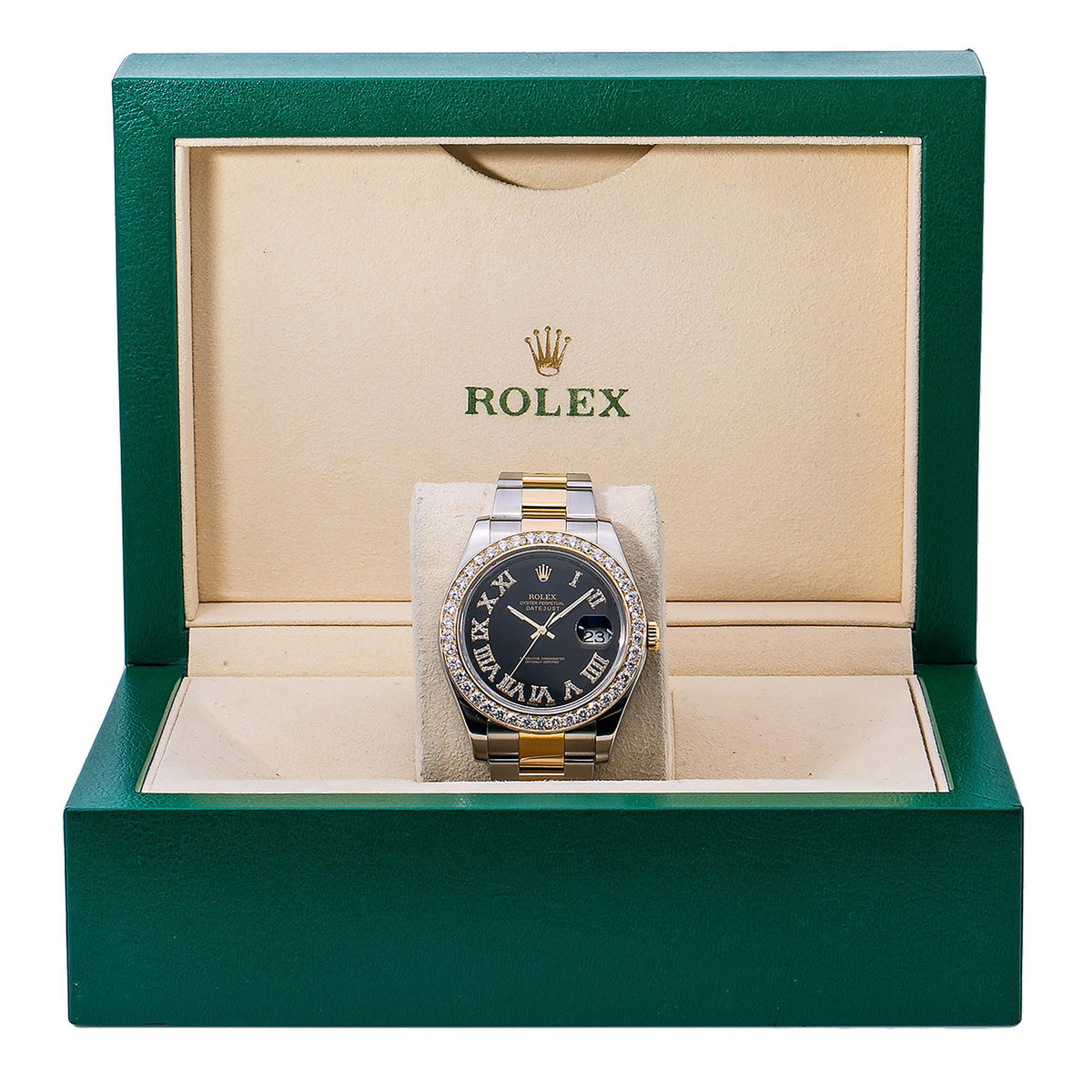 Pre-Owned Rolex Datejust II 41MM 116333 Black Roman Diamond Dial Diamond Bezel Two Tone Yellow Gold Oyster Bracelet 2.4ct