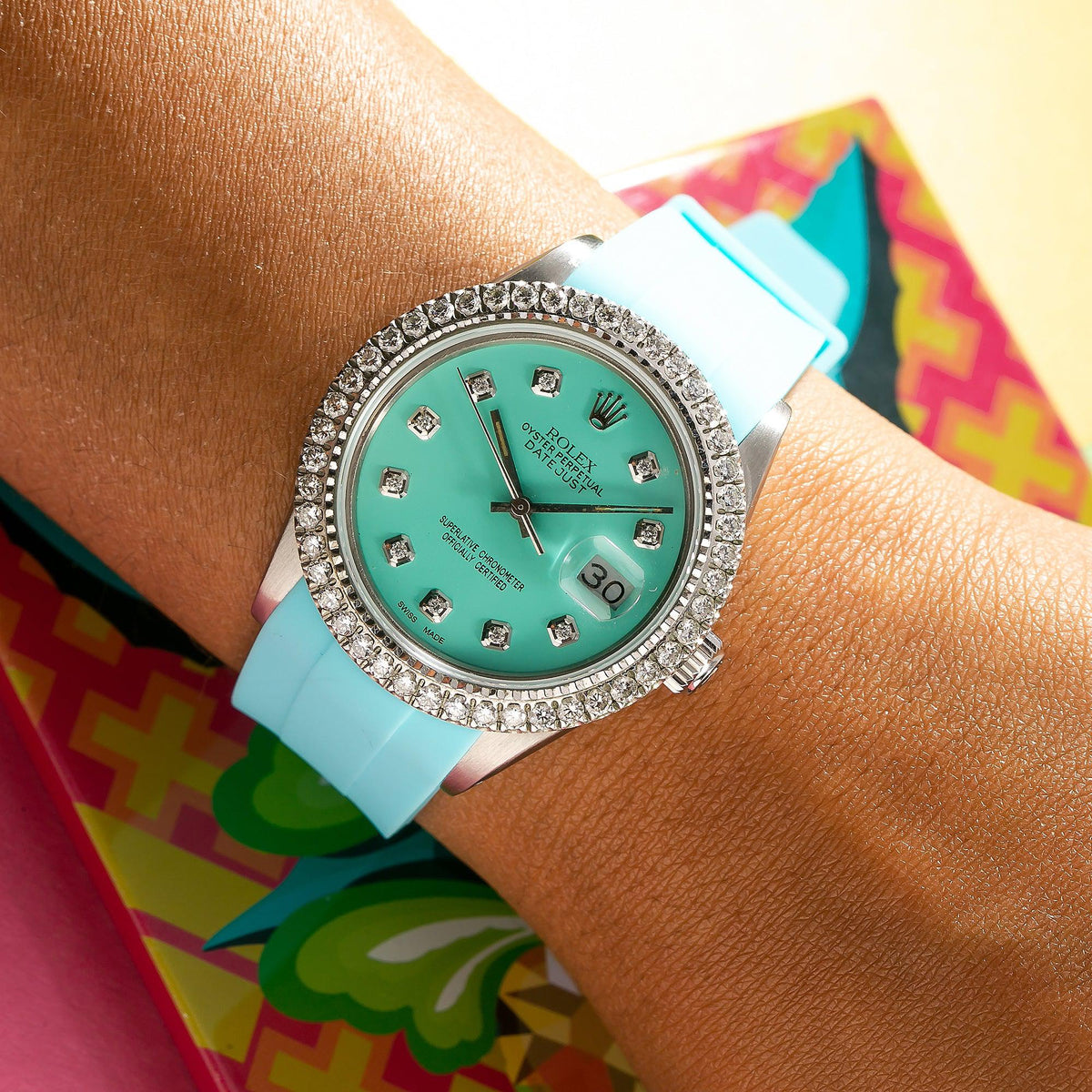 Pre-Owned Rolex Datejust 36MM 16014 Turquoise Diamond Dial Diamond Bezel Blue Rubber Strap